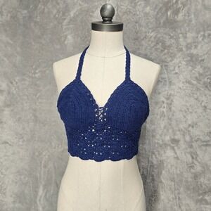 Handmade Crochet Halter L Crop Top Navy Blue Cotton Knit Boho Bralette Festival